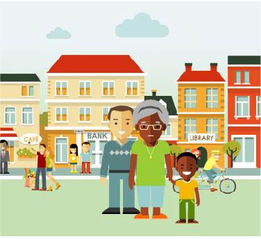 Illustration of people in a town setting.
