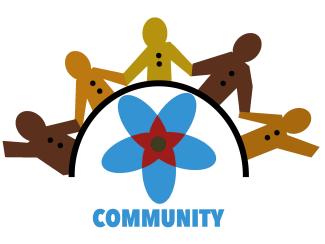 People holding hands around a blue flower. The word "community" appears under the flower